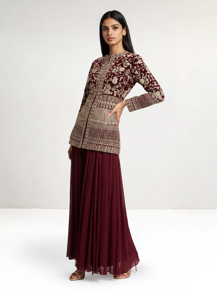 Maroon Hand Embroidered Jacket Set