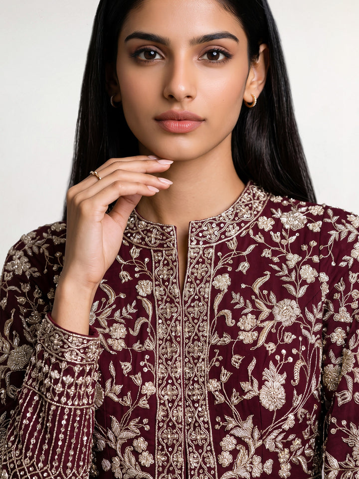 Maroon Hand Embroidered Jacket Set