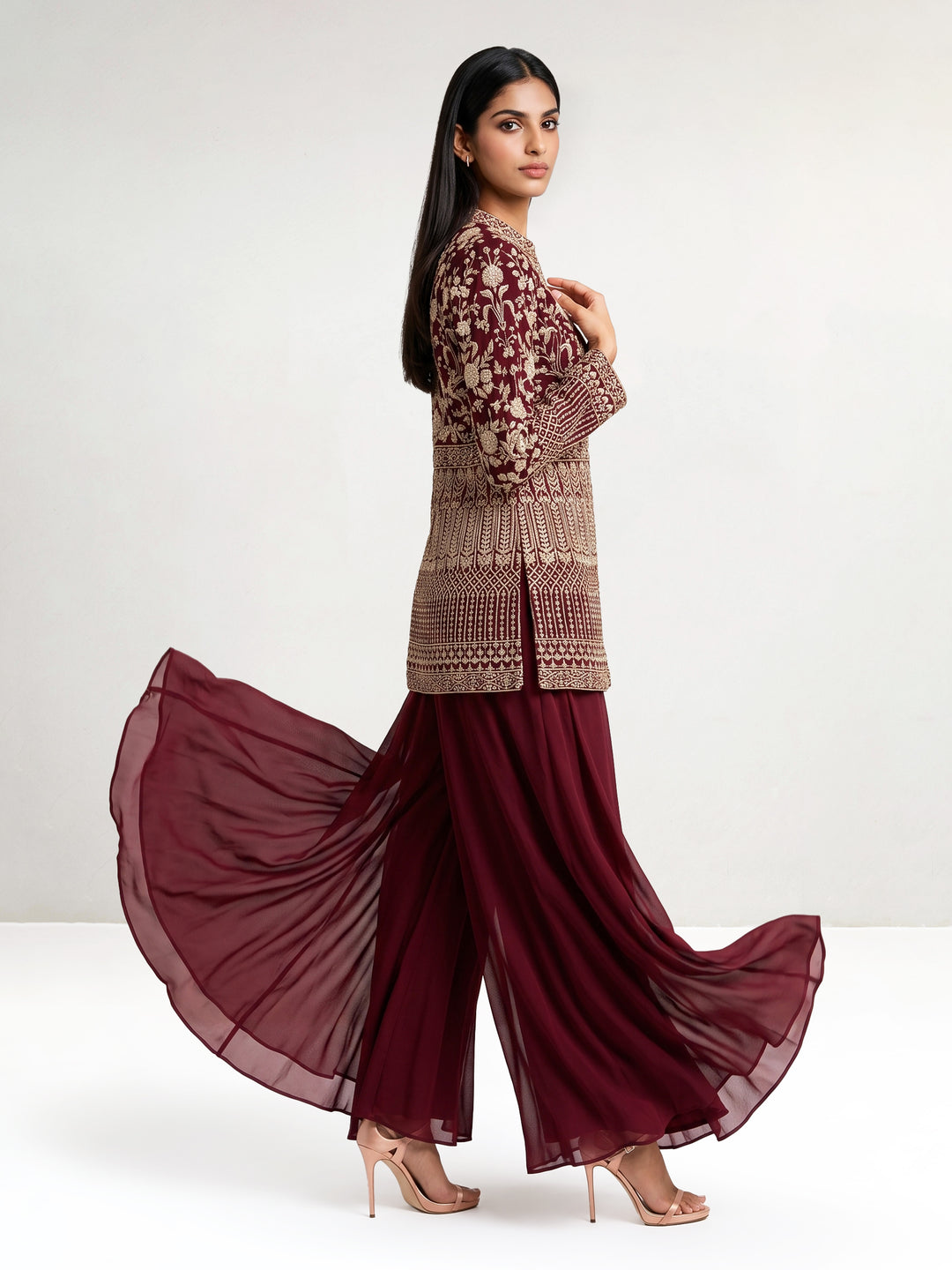 Maroon Hand Embroidered Jacket Set