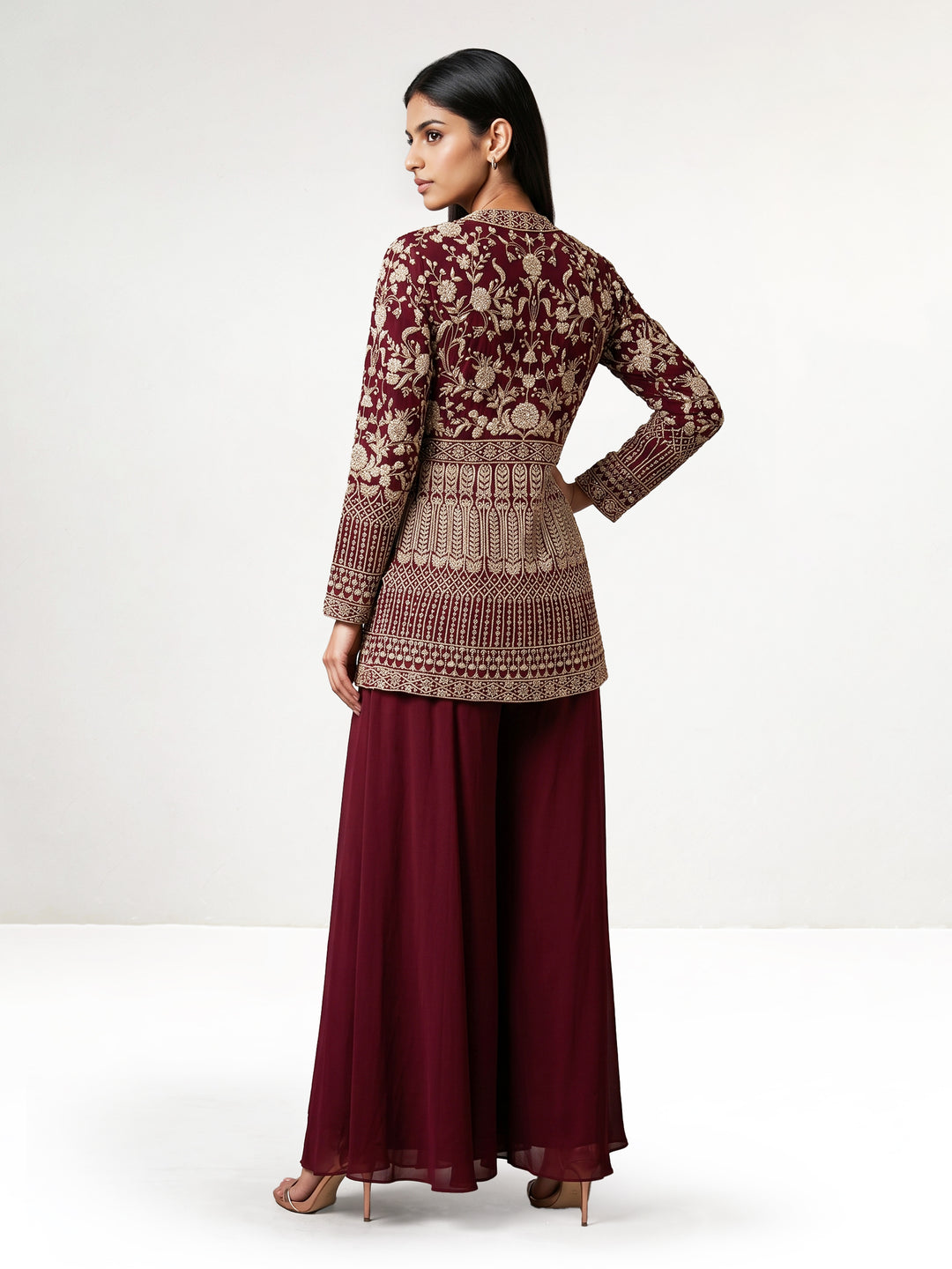 Maroon Hand Embroidered Jacket Set