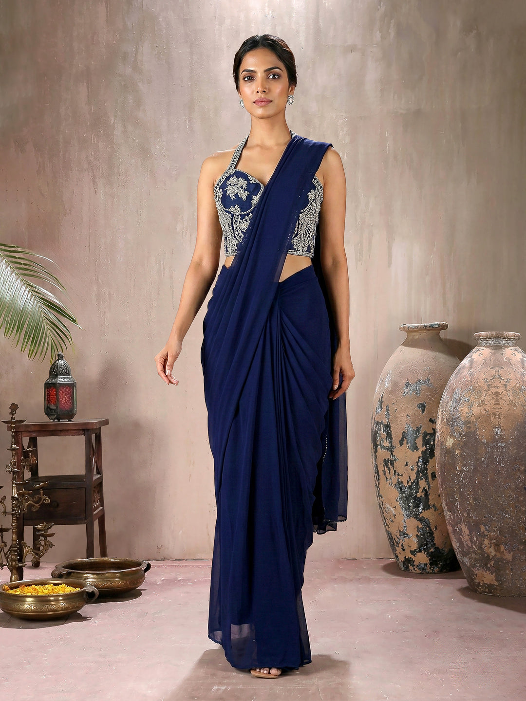 Navy Corset Blouse with Drape Saree