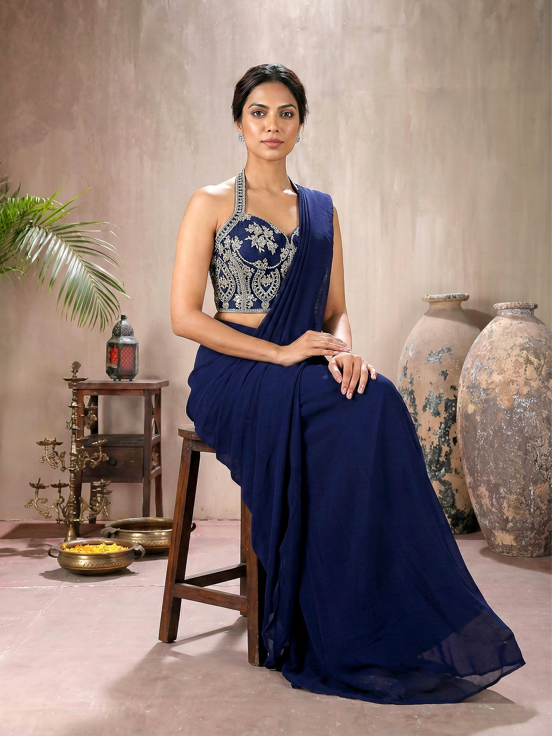 Navy Corset Blouse with Drape Saree