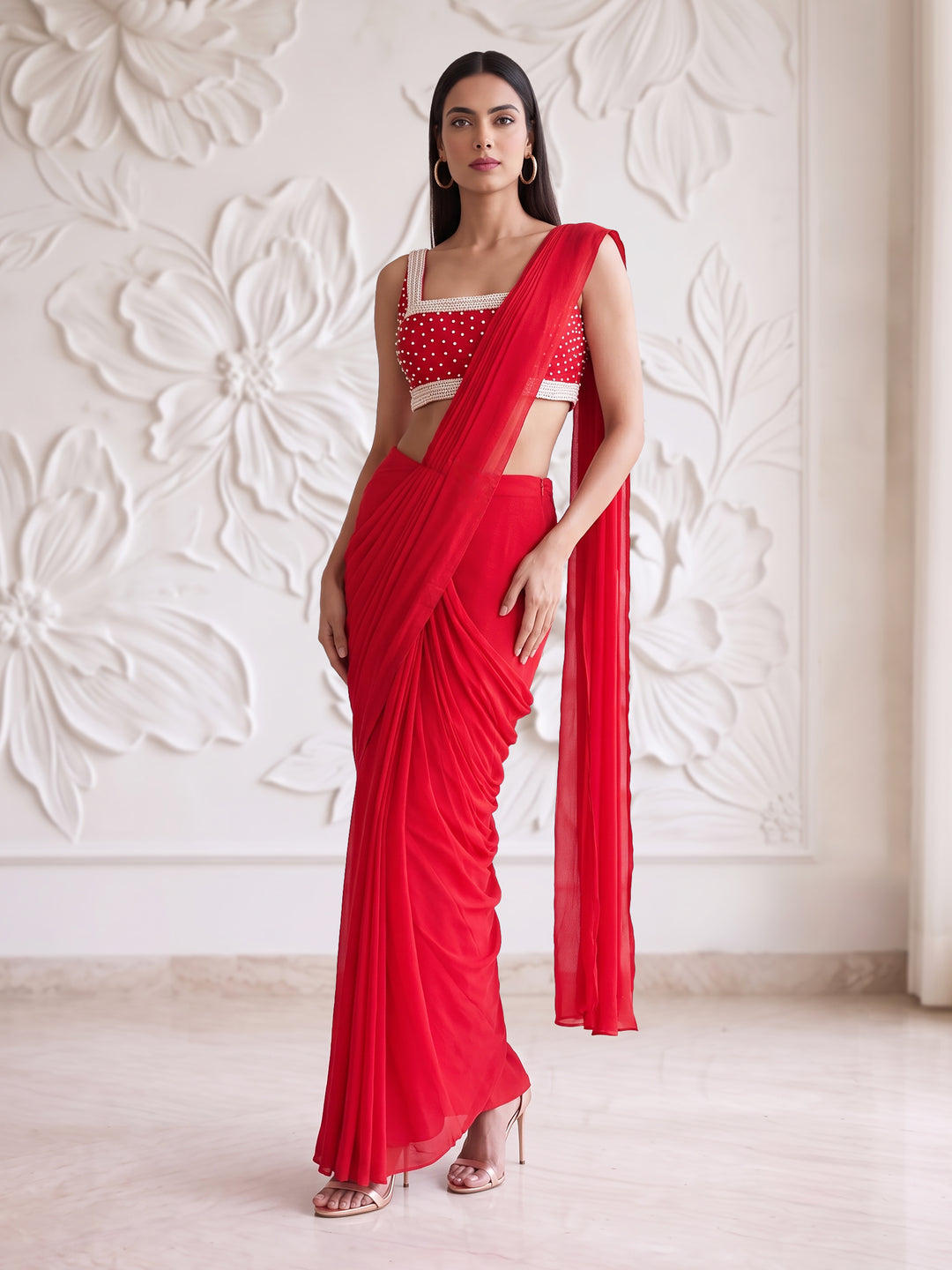 Red Ivory Border Blouse With Pre-Stitched Drape Saree
