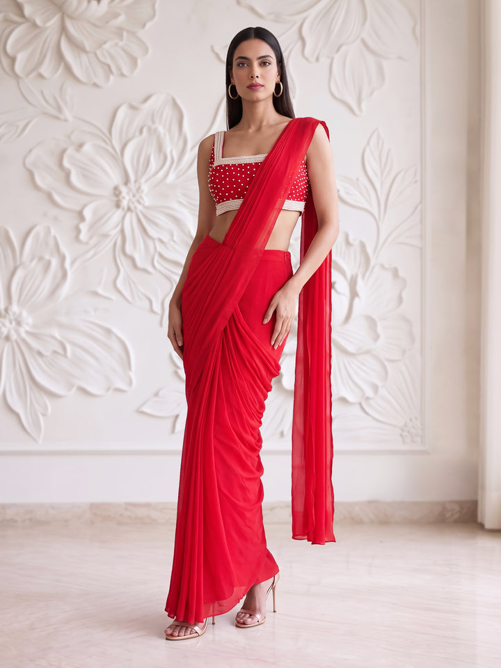 Red Ivory Border Blouse With Pre-Stitched Drape Saree