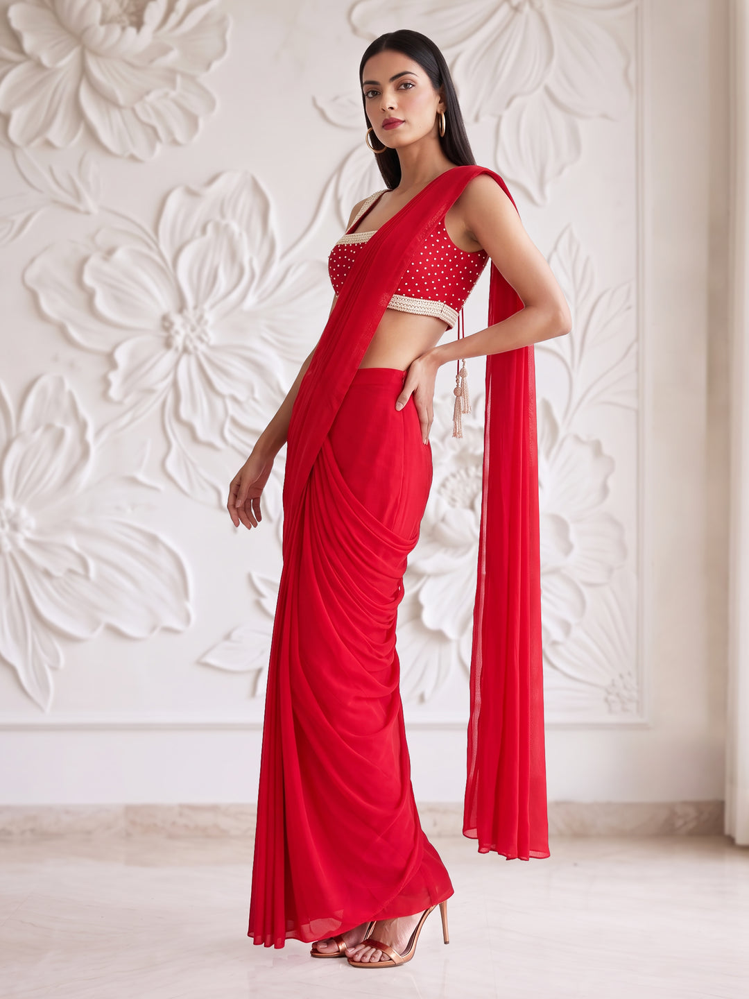 Red Ivory Border Blouse With Pre-Stitched Drape Saree