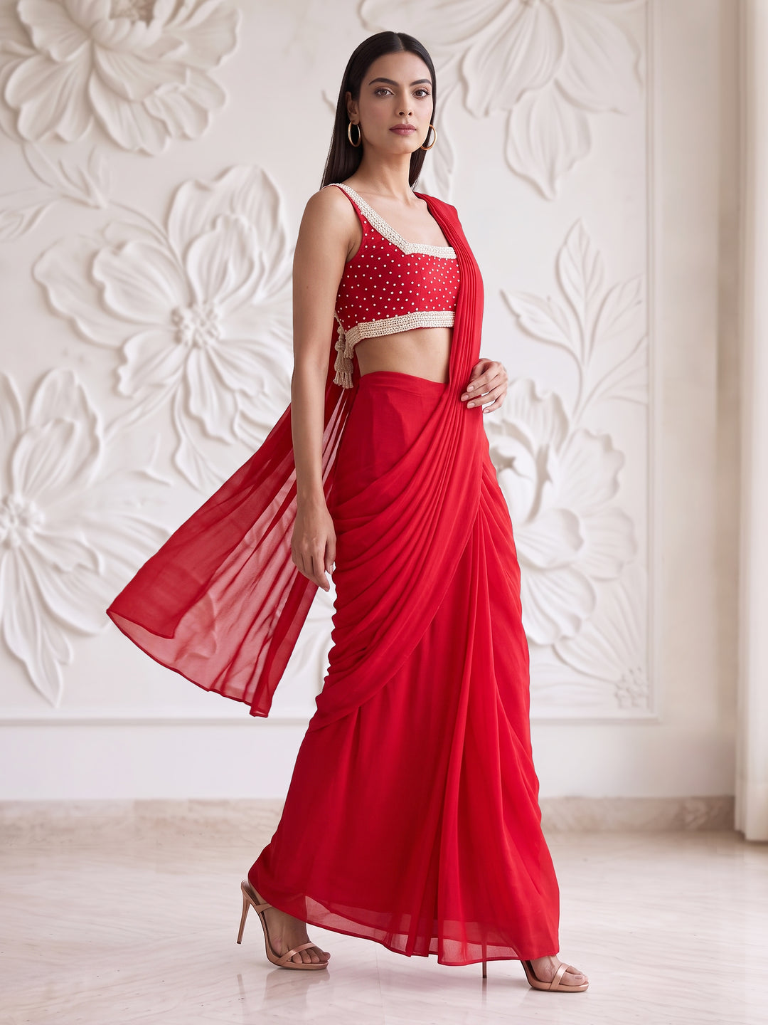 Red Ivory Border Blouse With Pre-Stitched Drape Saree