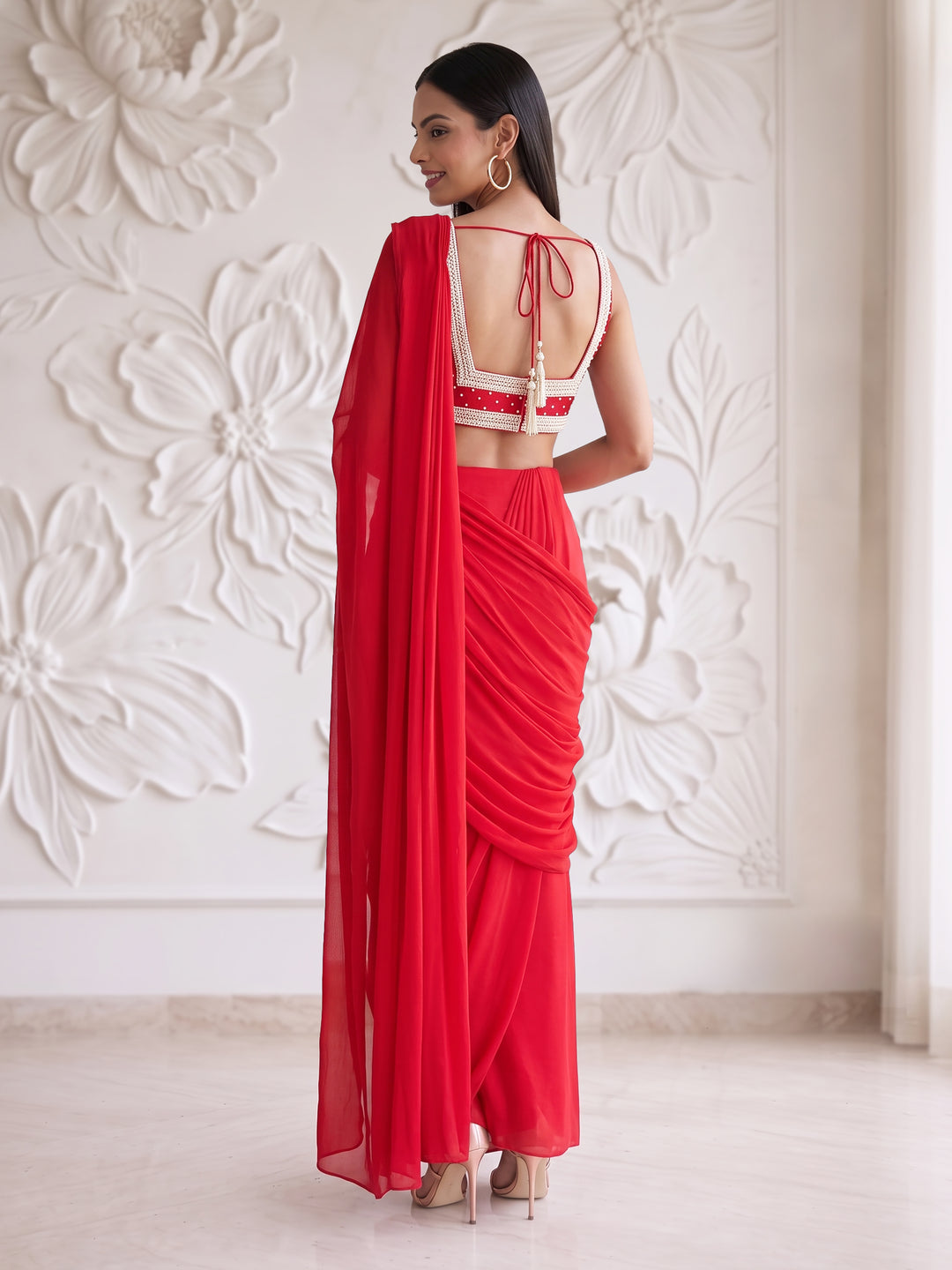Red Ivory Border Blouse With Pre-Stitched Drape Saree
