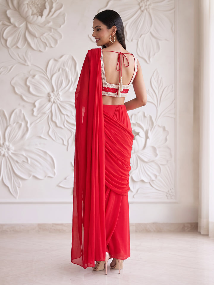 Red Ivory Border Blouse With Pre-Stitched Drape Saree