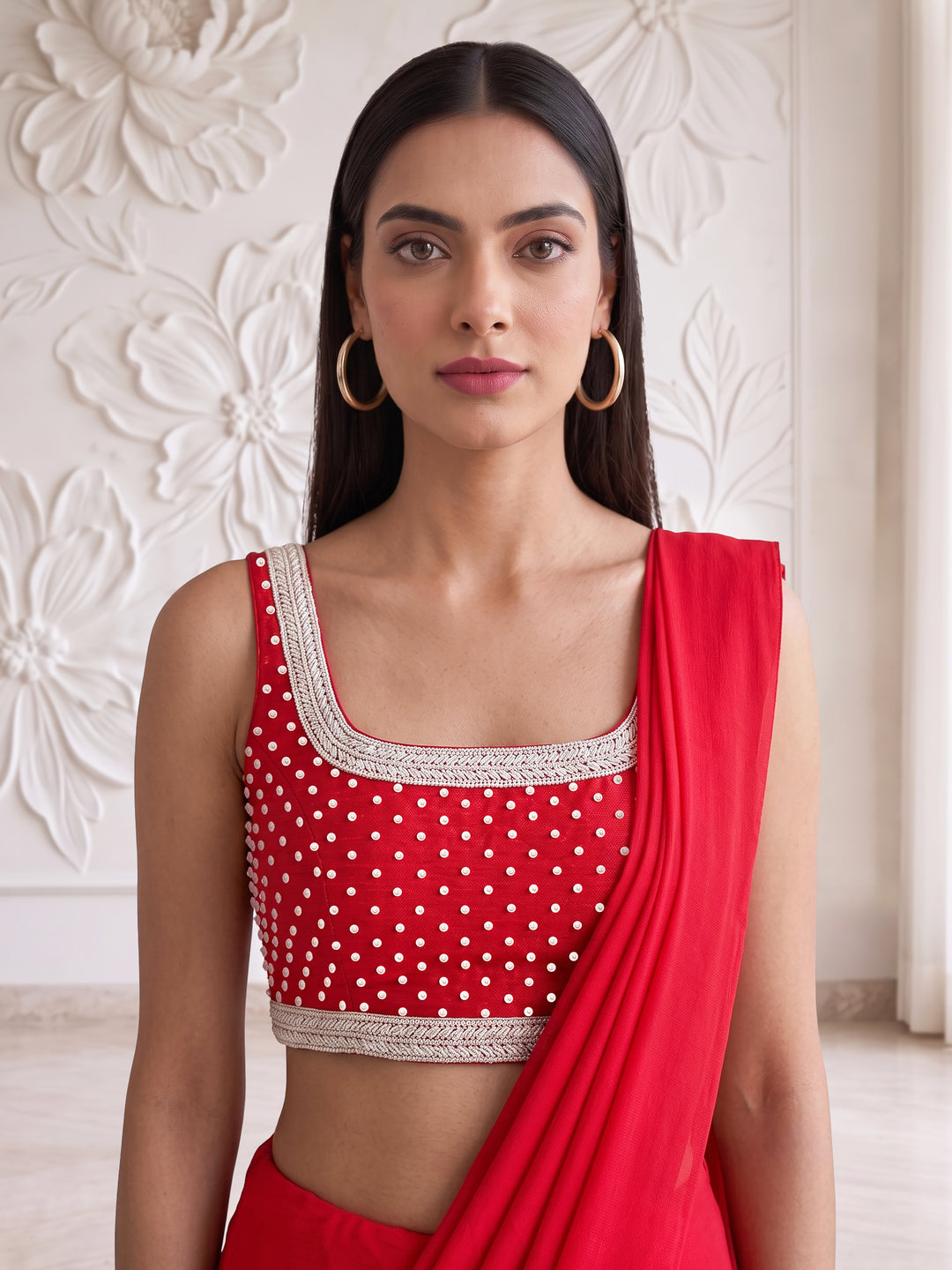 Red Ivory Border Blouse With Pre-Stitched Drape Saree