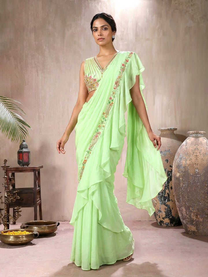 Pastel Lime Green Crepe Silk Ruffled Draped Saree with Concept Blouse