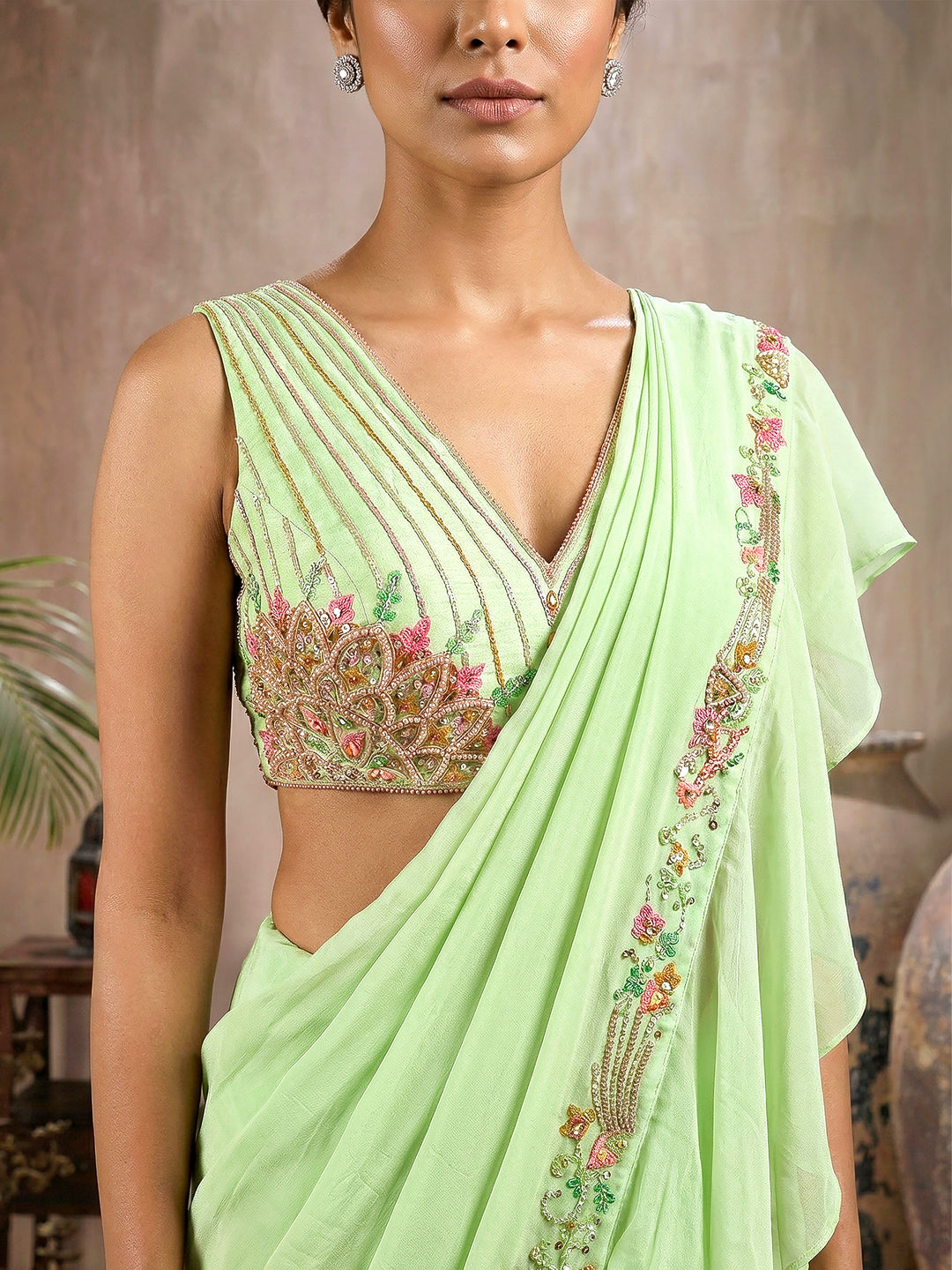 Pastel Lime Green Crepe Silk Ruffled Draped Saree with Concept Blouse