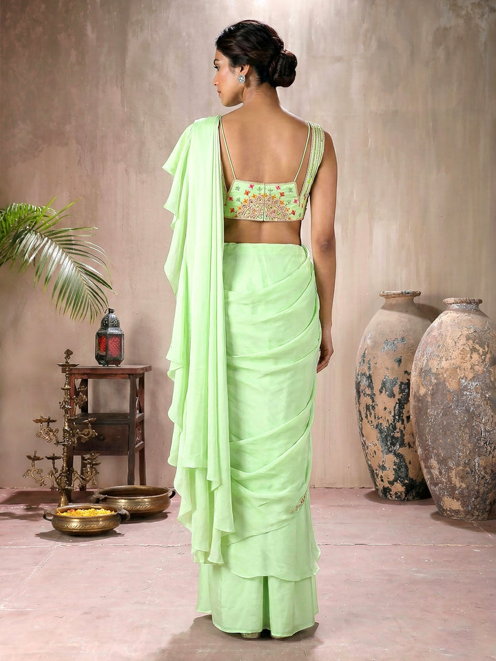 Pastel Lime Green Crepe Silk Ruffled Draped Saree with Concept Blouse