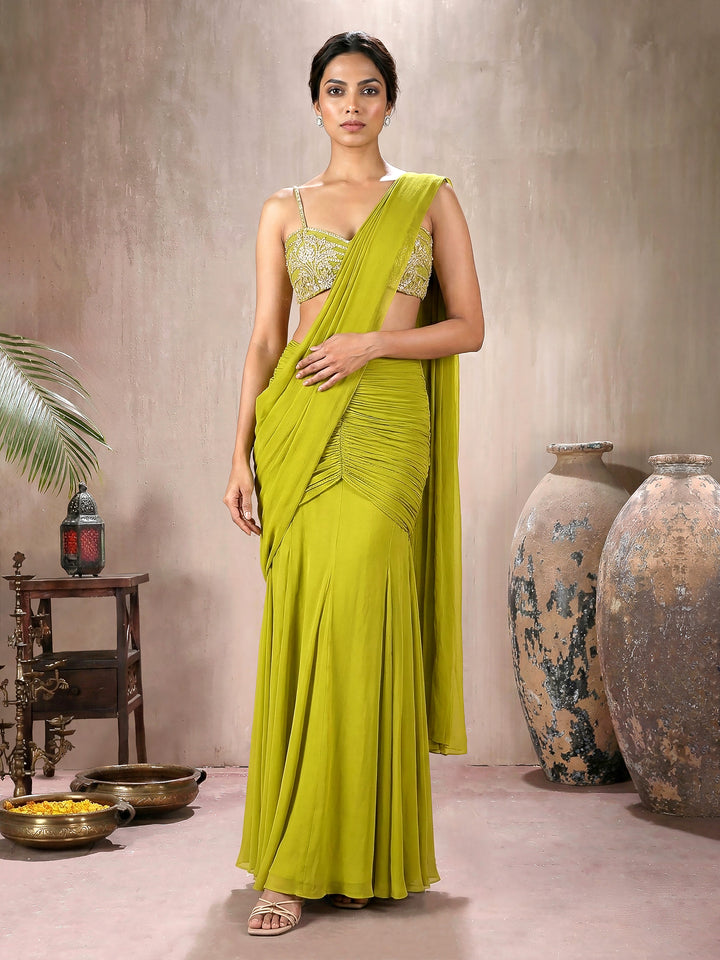 Lemon Green Drape Saree Set