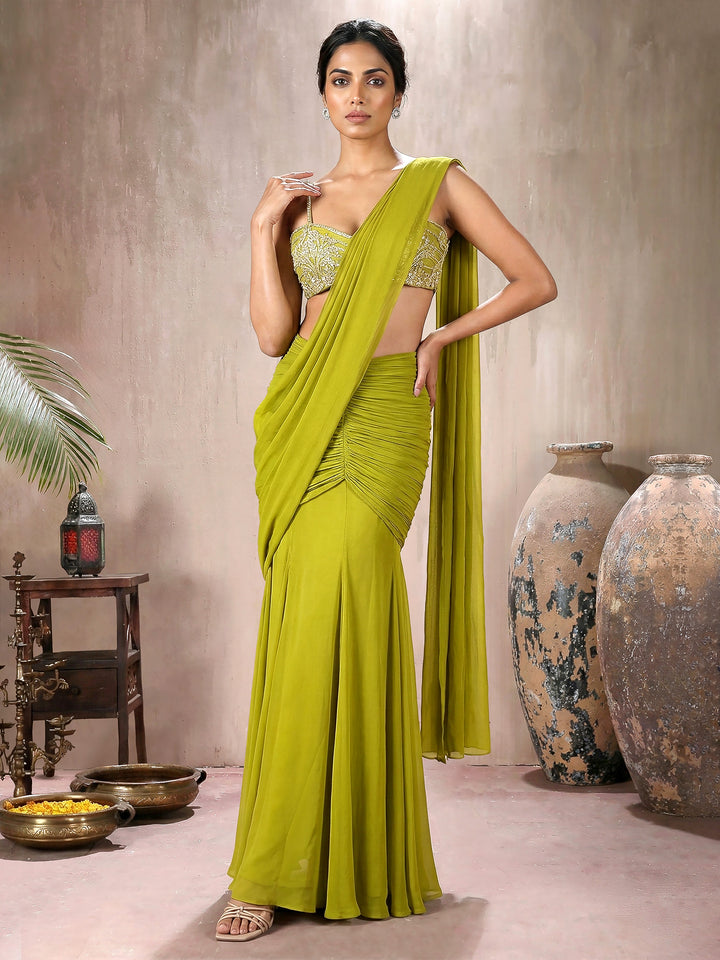 Lemon Green Drape Saree Set