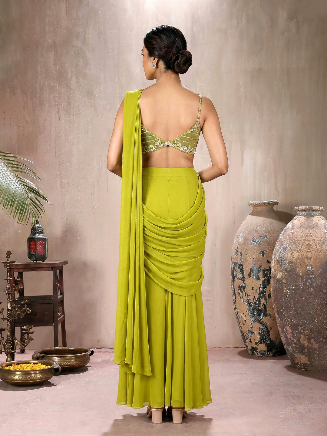 Lemon Green Drape Saree Set