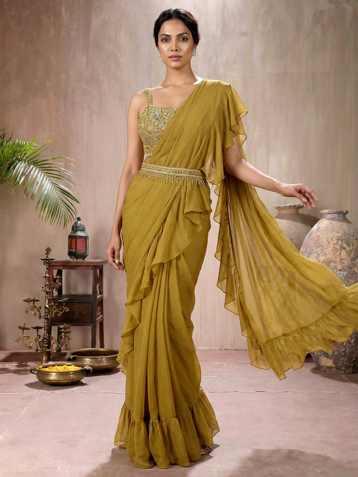 Mustard Embroidered Blouse with Drape Saree and Belt