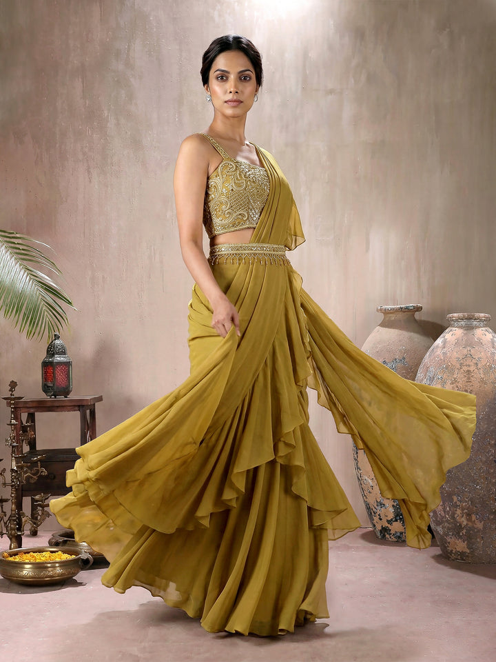 Mustard Embroidered Blouse with Drape Saree and Belt