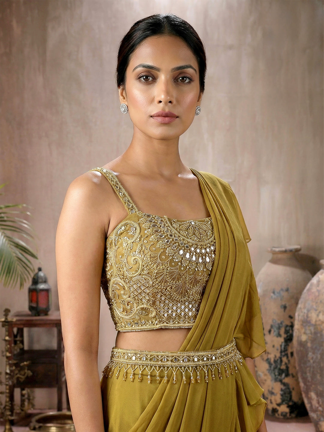 Mustard Embroidered Blouse with Drape Saree and Belt