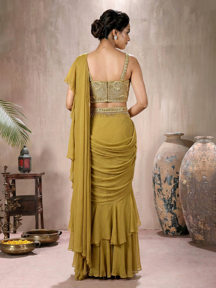 Mustard Embroidered Blouse with Drape Saree and Belt