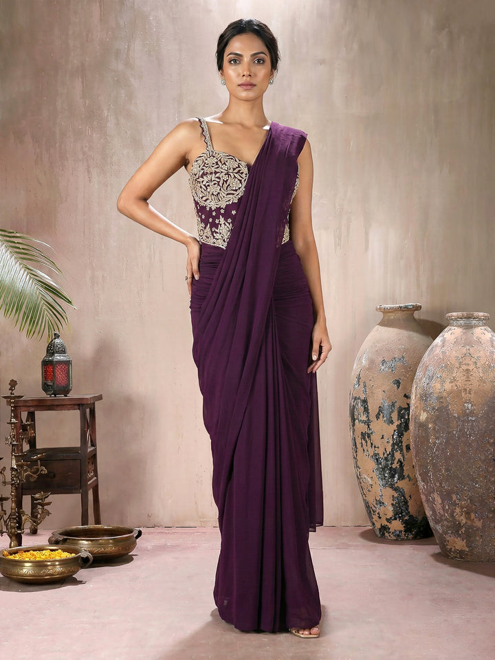 Wine Corset with Hip Ruched Drape Saree Set