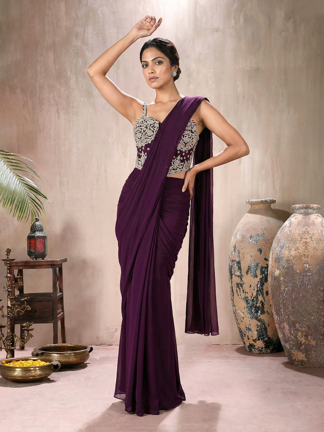 Wine Corset with Hip Ruched Drape Saree Set