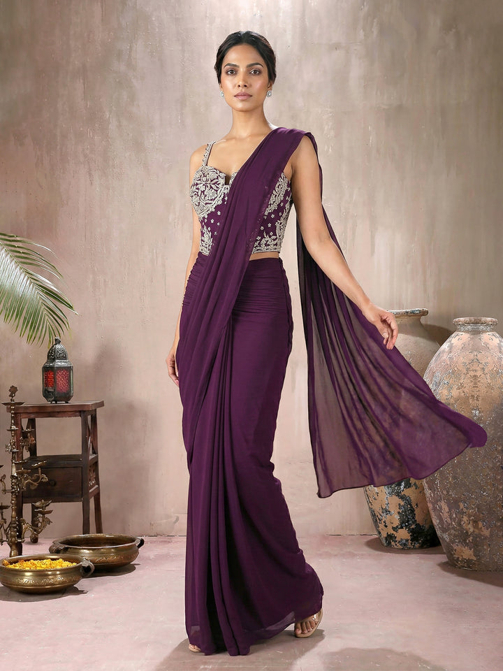 Wine Corset with Hip Ruched Drape Saree Set