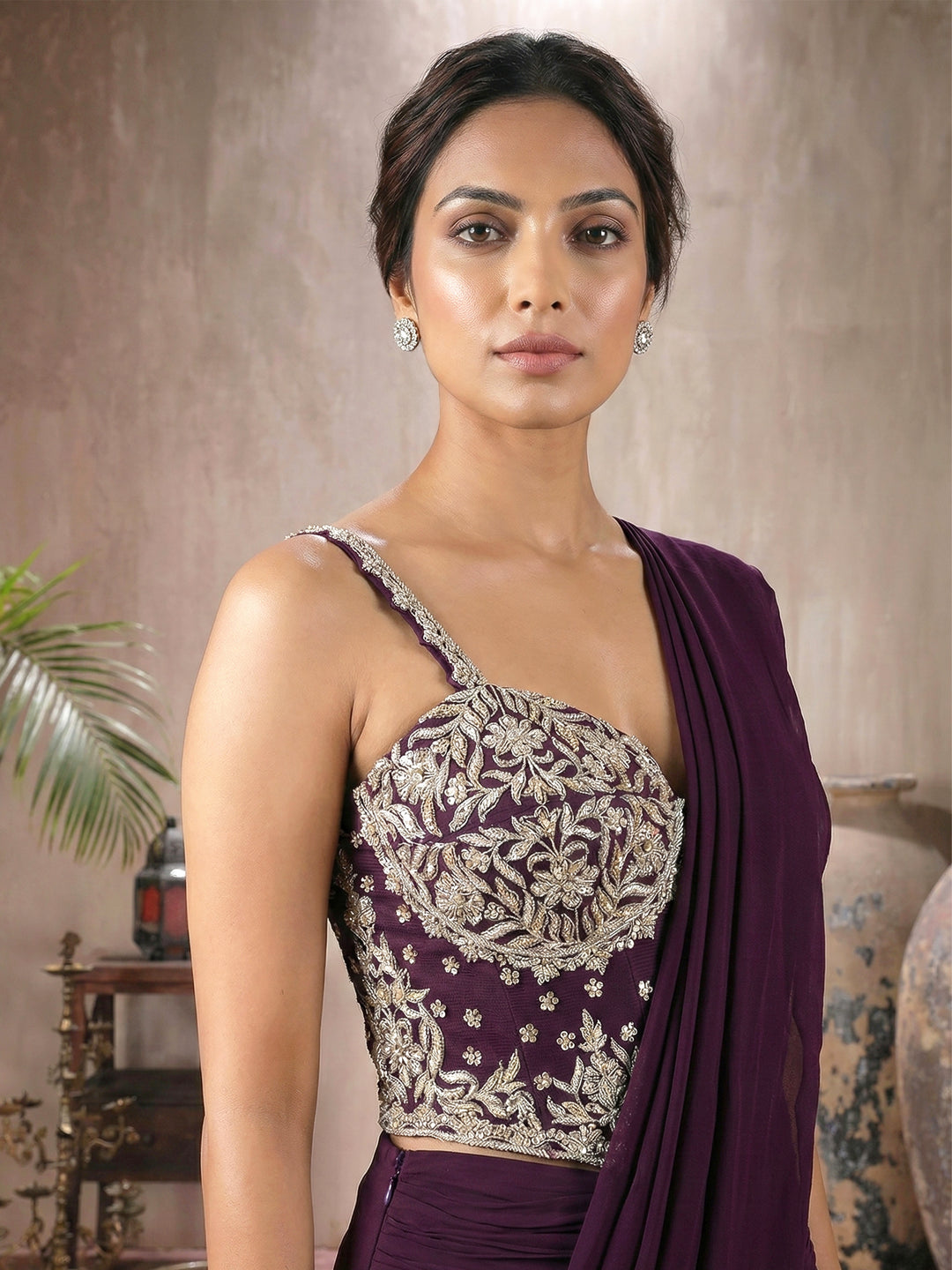 Wine Corset with Hip Ruched Drape Saree Set