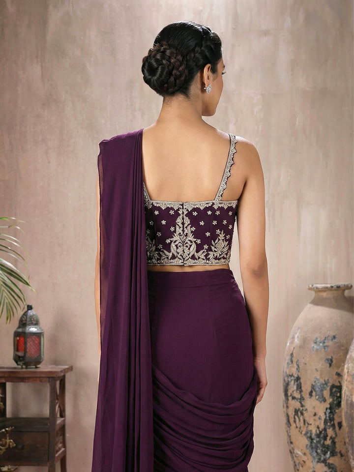 Wine Corset with Hip Ruched Drape Saree Set
