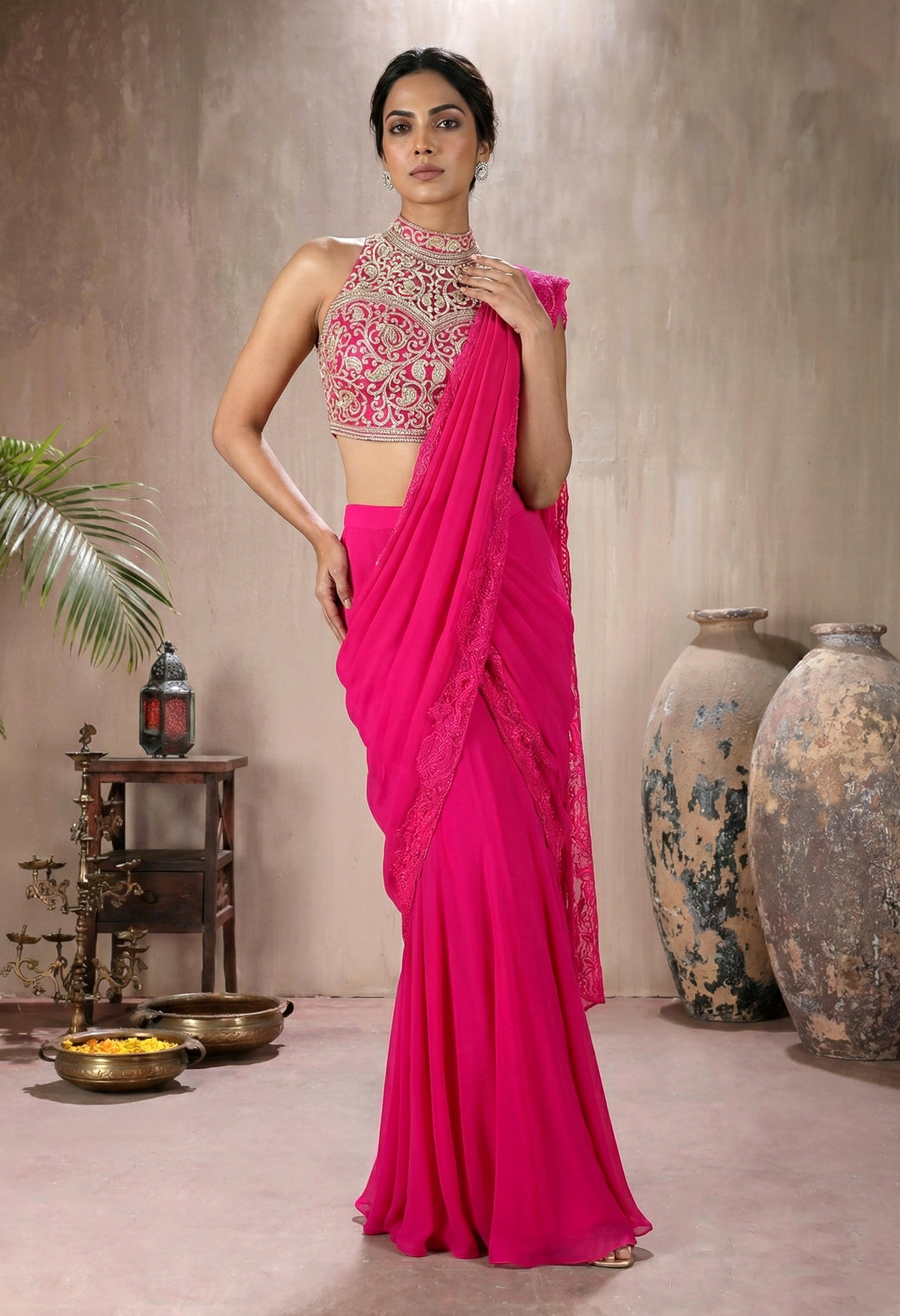 Fuchia Pink Blouse with Lace Drape Saree