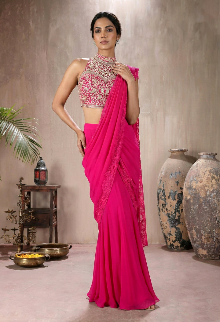 Fuchia Pink Blouse with Lace Drape Saree