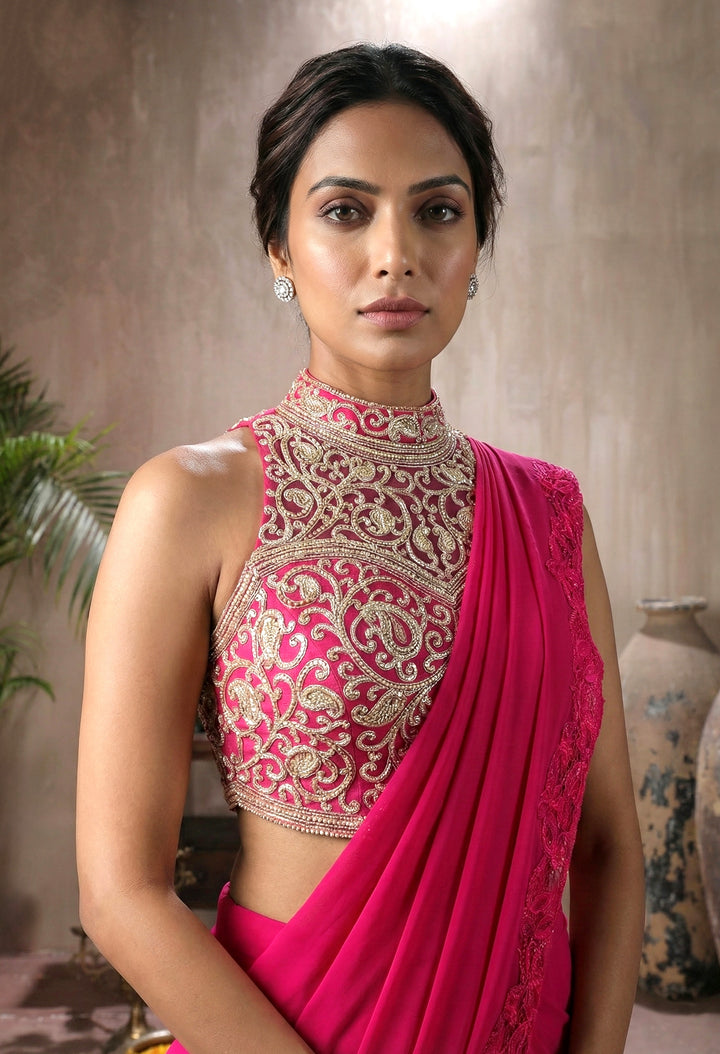 Fuchia Pink Blouse with Lace Drape Saree