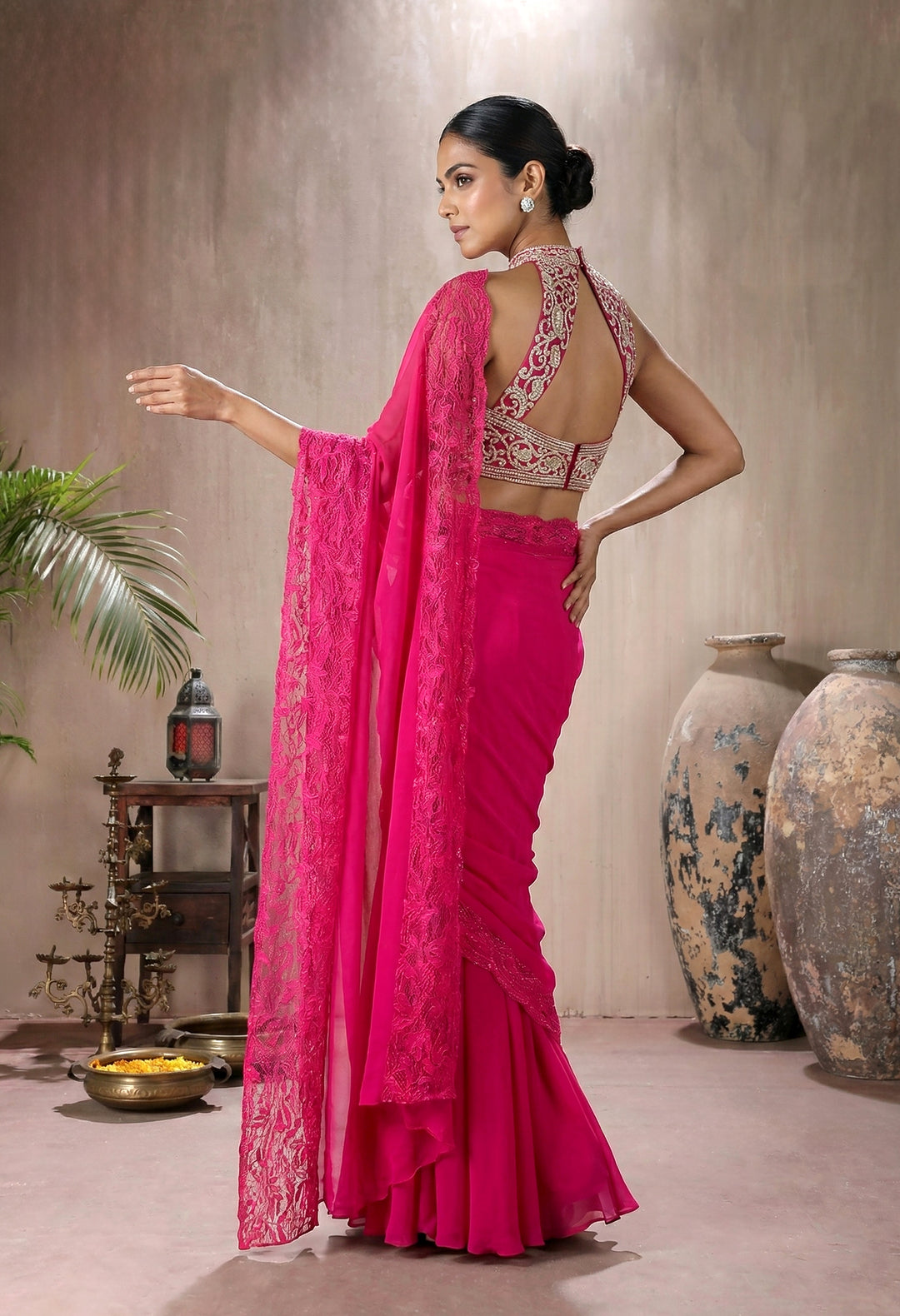 Fuchia Pink Blouse with Lace Drape Saree