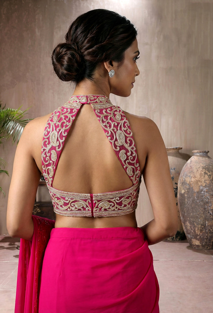 Fuchia Pink Blouse with Lace Drape Saree