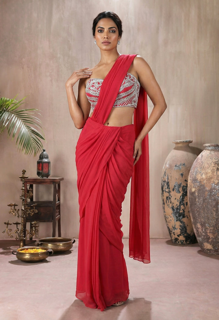 Coral Pink Corset Blouse with Drape Saree