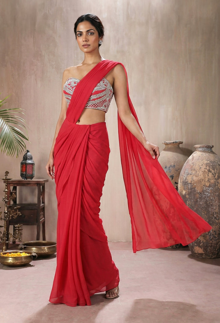 Coral Pink Corset Blouse with Drape Saree