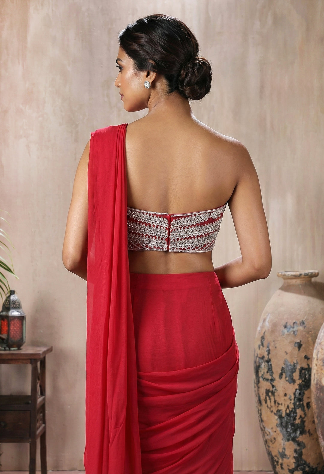 Coral Pink Corset Blouse with Drape Saree