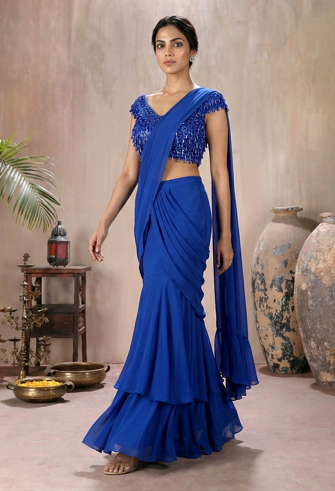 Electric Blue Net Tassel Blouse with Drape Saree