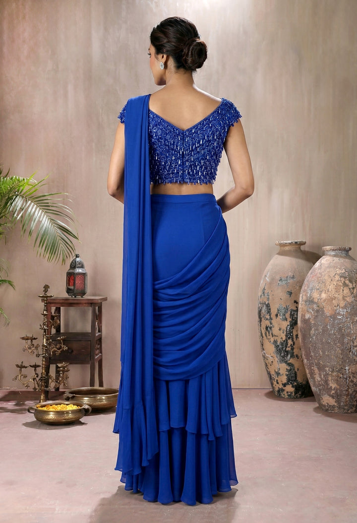Electric Blue Net Tassel Blouse with Drape Saree