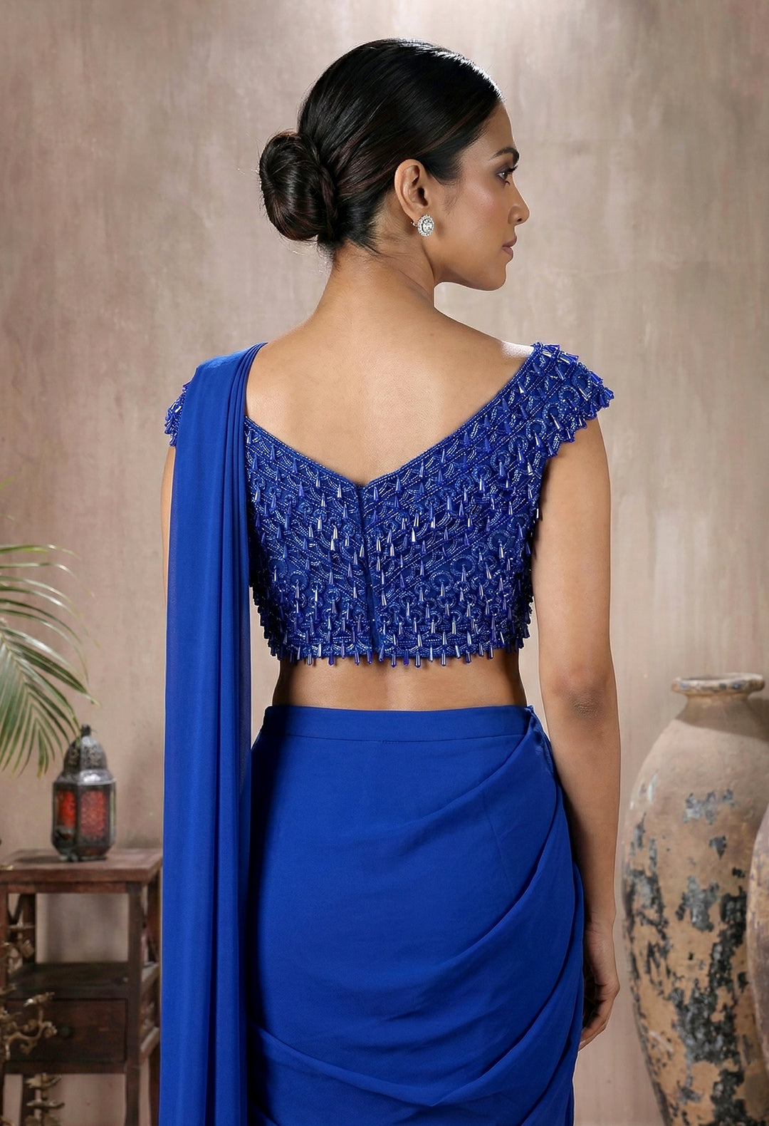 Electric Blue Net Tassel Blouse with Drape Saree