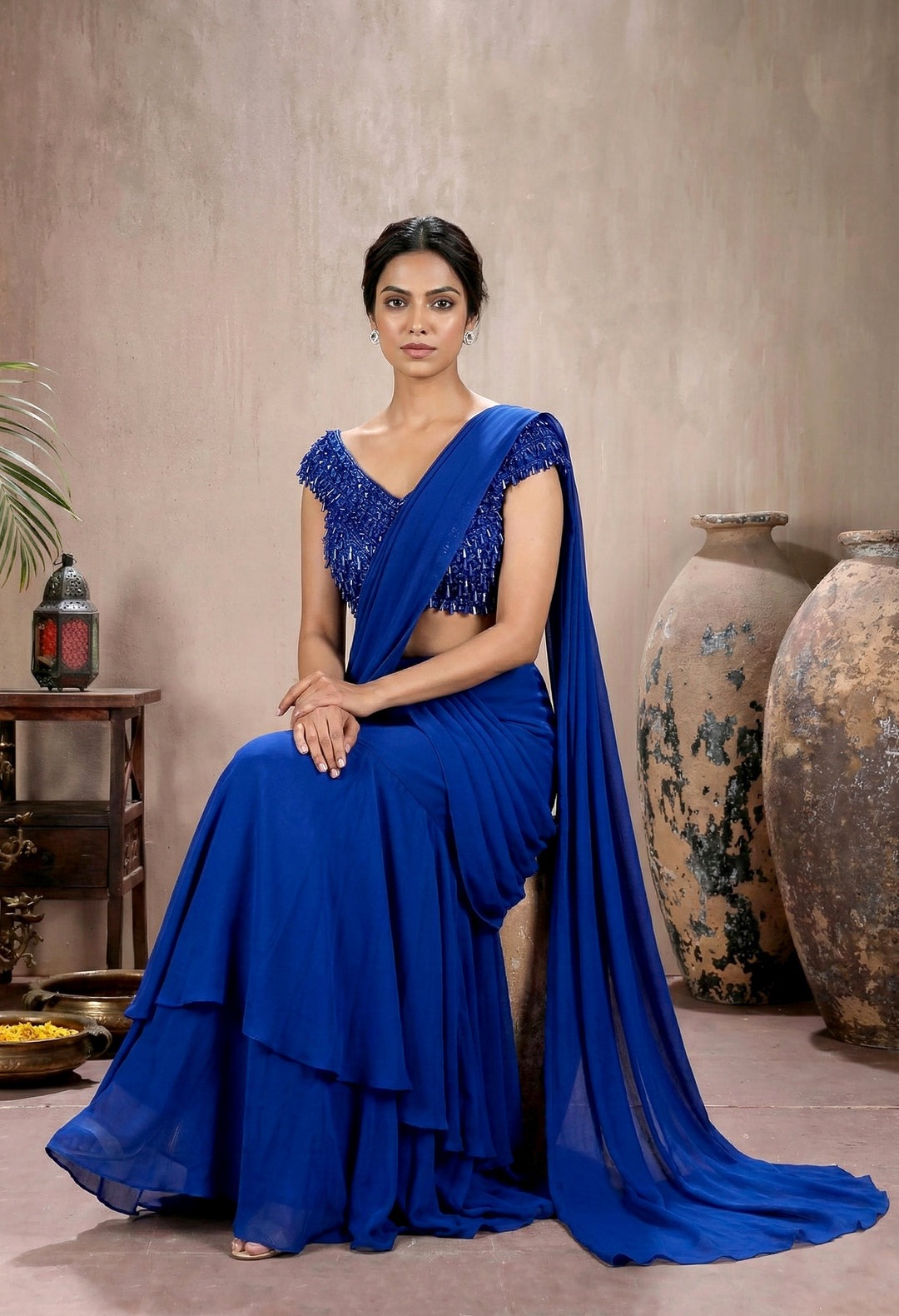Electric Blue Net Tassel Blouse with Drape Saree