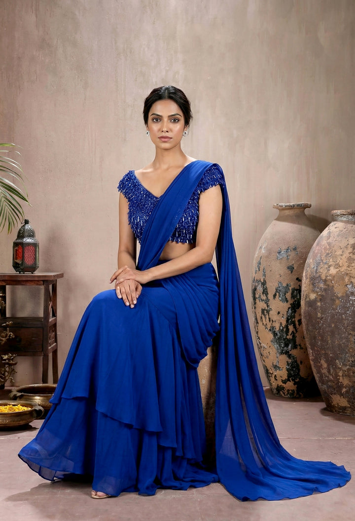 Electric Blue Net Tassel Blouse with Drape Saree