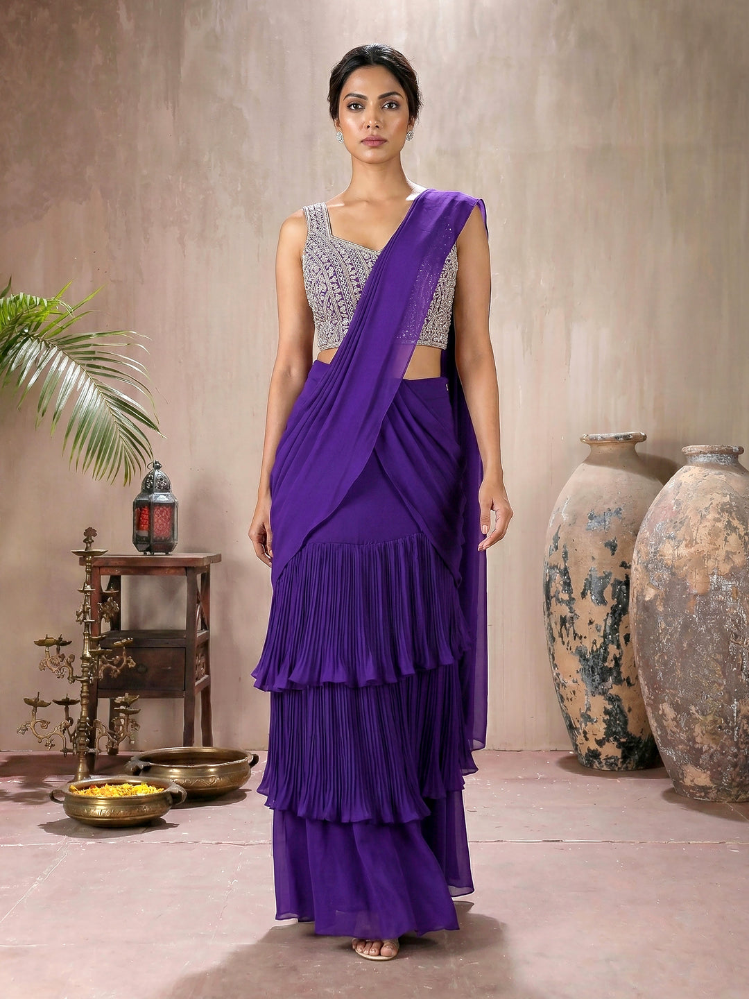 Purple Jal Blouse with Drape Saree