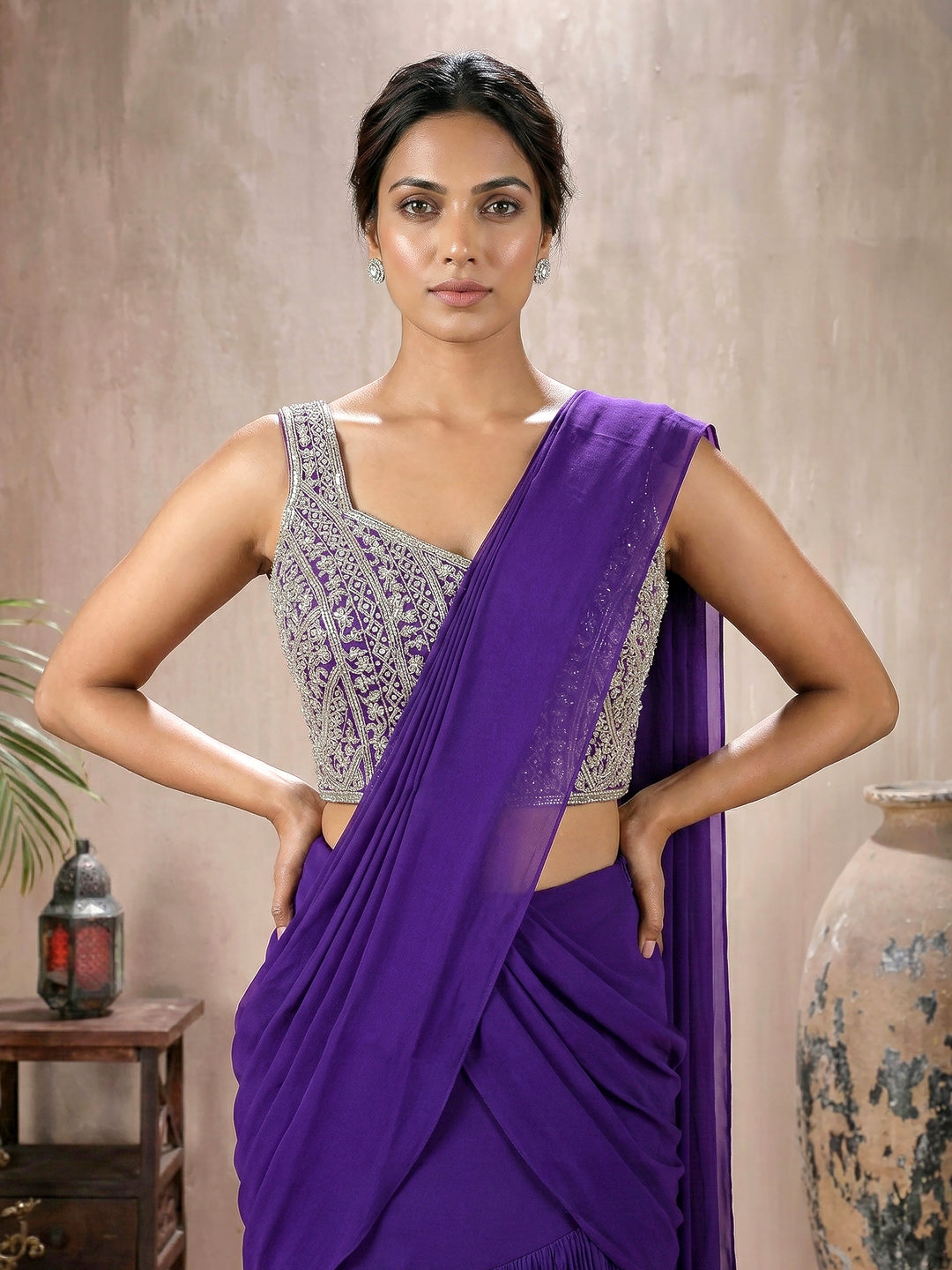 Purple Jal Blouse with Drape Saree