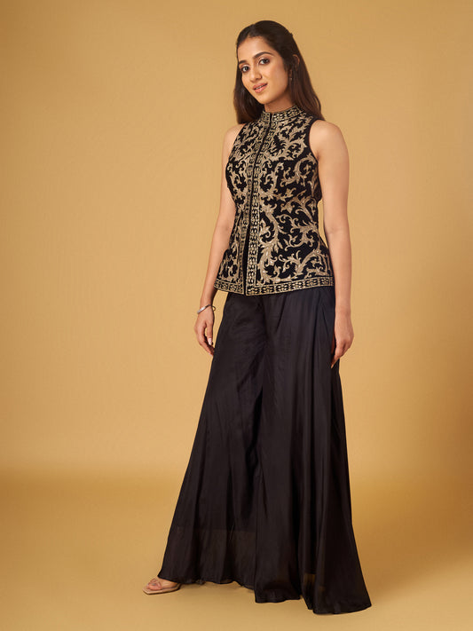 Black velvet embroidered peplum jacket and pants set