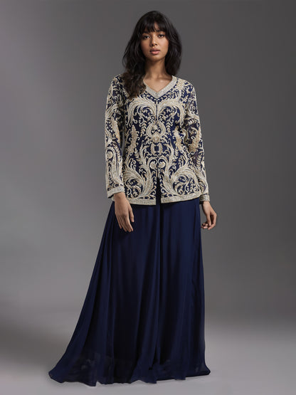 Navy Net Jacket with Ivory Embroidered and Sharara Set