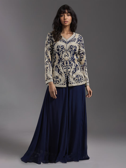 Navy Net Jacket with Ivory Embroidered and Sharara Set