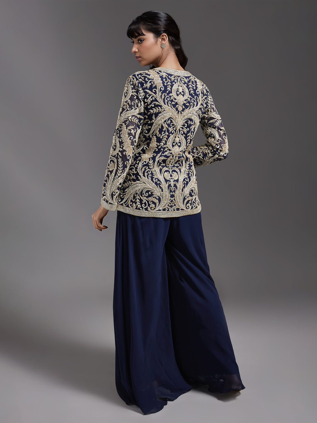 Navy Net Jacket with Ivory Embroidered and Sharara Set