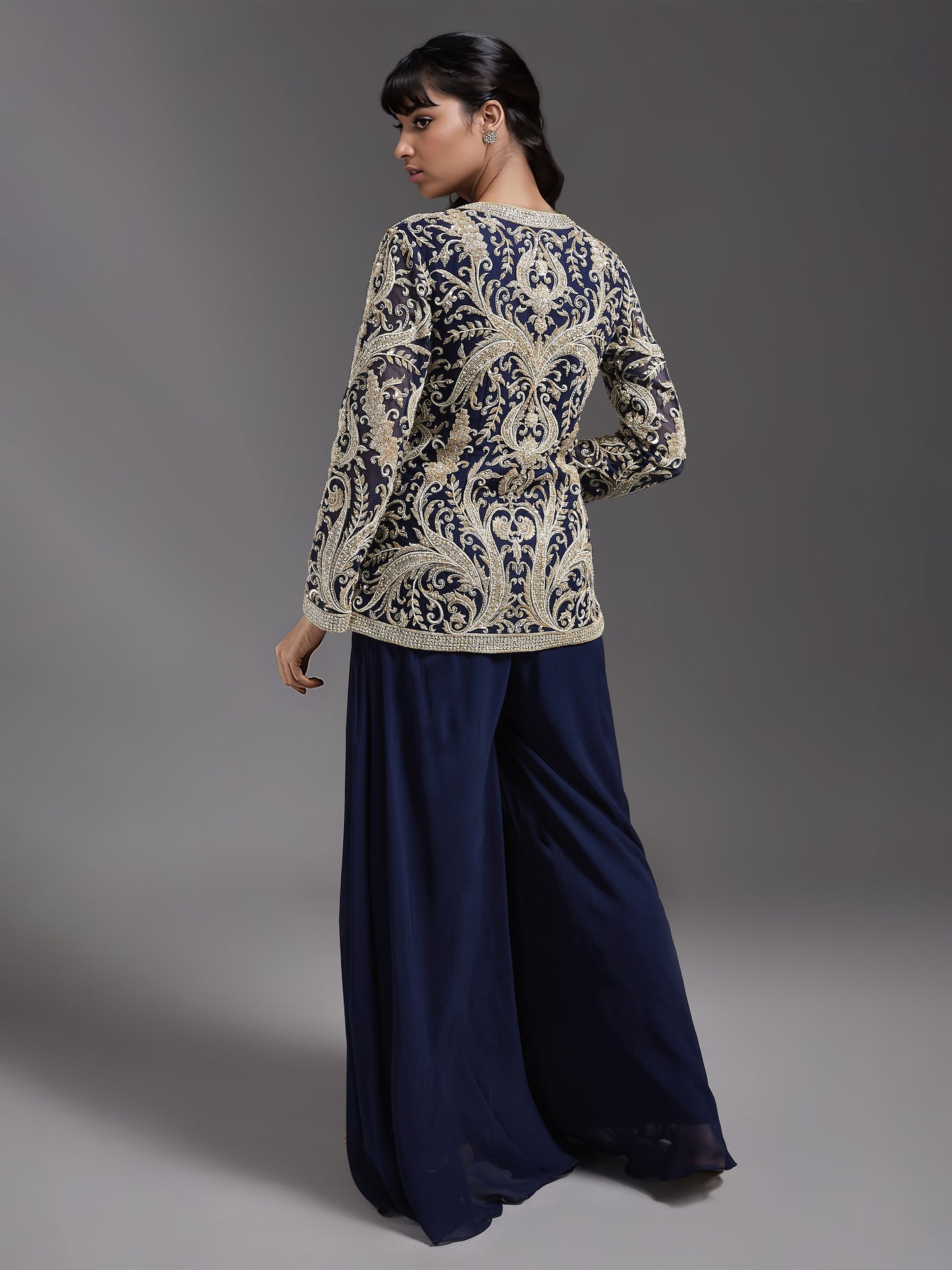 Navy Net Jacket with Ivory Embroidered and Sharara Set