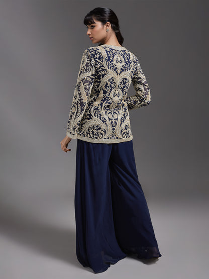 Navy Net Jacket with Ivory Embroidered and Sharara Set