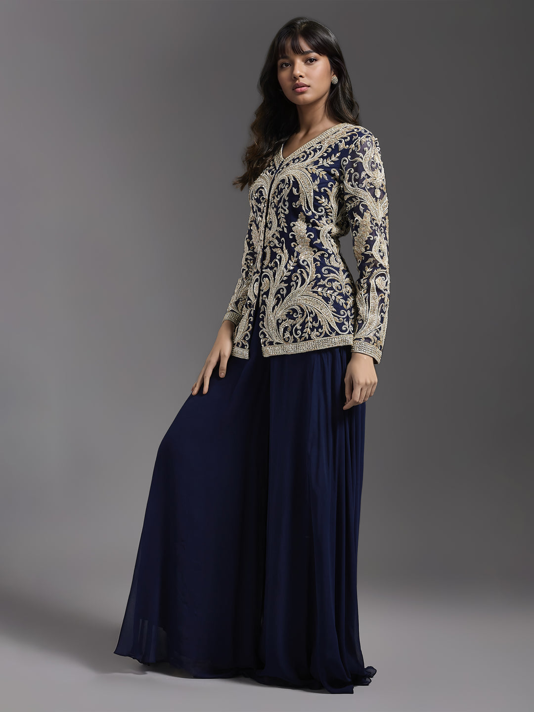 Navy Net Jacket with Ivory Embroidered and Sharara Set